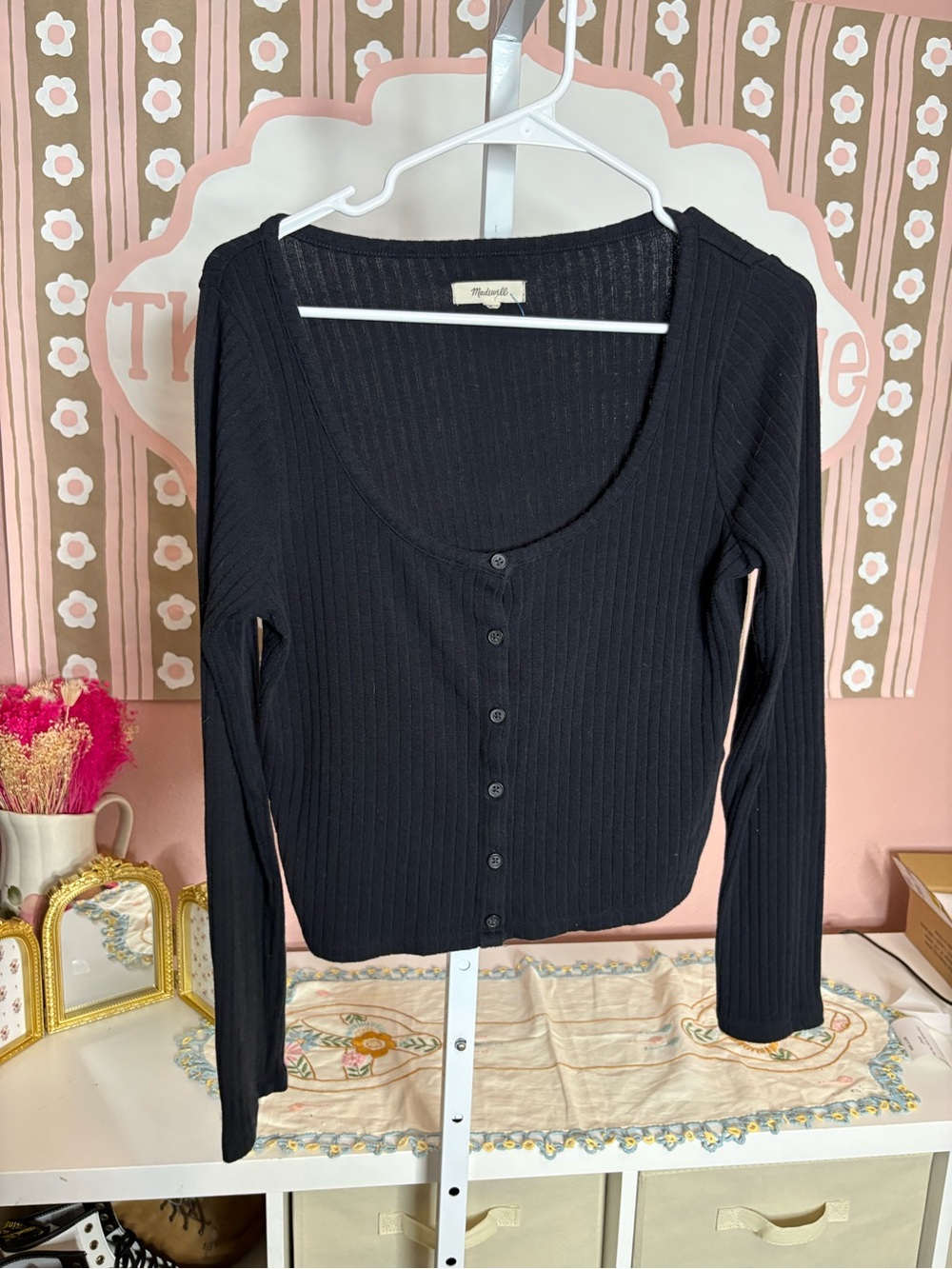 Madewell Black Ribbed Scoop-Neck Buttoned Long Sleeve Top
